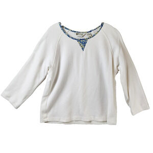 Orvis Long Sleeve Sweater Women's XL Cotton Off-White Blue Floral Neck